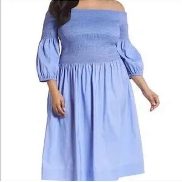Celsea28 NWT blue long puff sleeve smocked Swiss dot midi sundress size 18